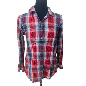 Ariat Womens Red Plaid Button-Up Western Cowgirl Shirt S Santa Fe Tribal Print